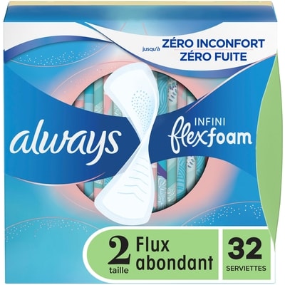 Always Serviettes féminines Infini pour femmes, serviettes Flexfoam, taille 2, degré d’absorption pour flux abondant, non parfumées, 32 serviettes 32 ea, 0,38 $/1ch