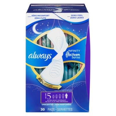 Always Infinity Feminine Pads for Women, Flexfoam Pads with Wings, Size 5, Extra Heavy Overnight Absorbency, Unscented, 30 CT 30 ea, $0.57/1ea
