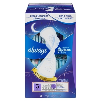 Always Infinity Feminine Pads for Women, Flexfoam Pads with Wings, Size 5, Extra Heavy Overnight Absorbency, Unscented, 30 CT 30 ea, $0.57/1ea