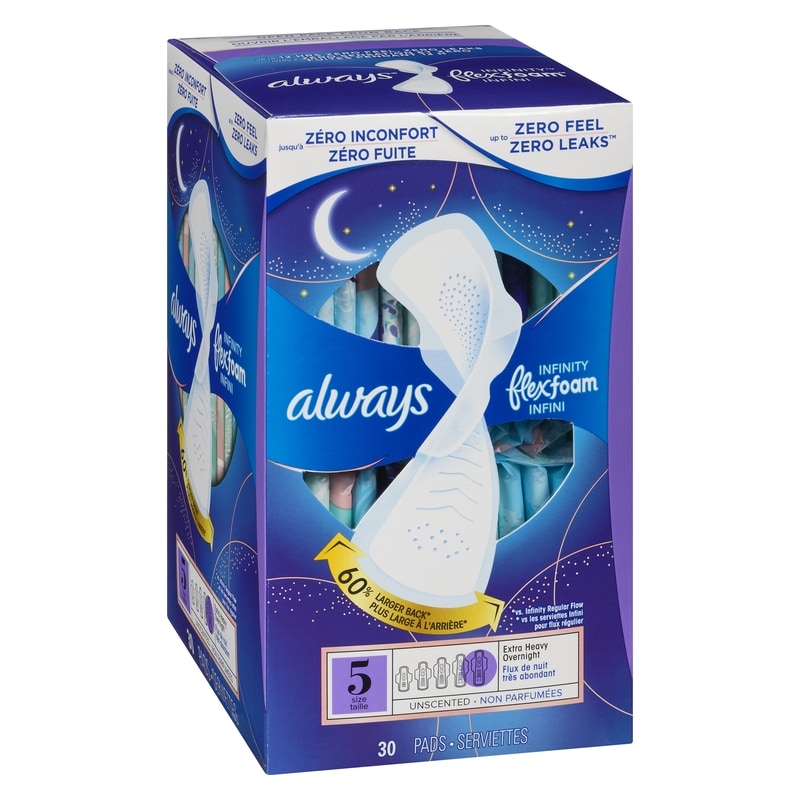 Infinity Feminine Pads for Women, Flexfoam Pads with Wings, Size 5, Extra Heavy Overnight Absorbency, Unscented, 30 CT