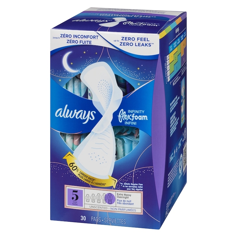 Infinity Feminine Pads for Women, Flexfoam Pads with Wings, Size 5, Extra Heavy Overnight Absorbency, Unscented, 30 CT