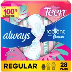 Radiant Teen Pads, Size 1, Regular, with Wings, Unscented, 28 CT