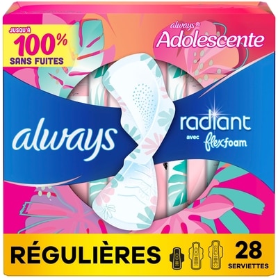 Always Serviettes Radiant, flux régulier, avec ailes, pour adolescentes, taille 1, non parfumées, 28 serviettes 28 ea, 0,43 $/1ch