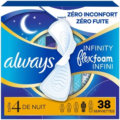 Always Serviettes Infini FlexFoam, de nuit, ailes, taille 4, sans parfum, 38 serviettes 38 ea, 0,45 $/1ch
