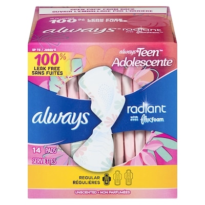 Always Serviettes hygiéniques Radiant Adolescente sans parfum, paquet de 14 14 ea, 0,57 $/1ch
