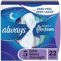 Infinity Feminine Pads for Women, Flexfoam Pads with Wings, Size 5, Extra Heavy Overnight Absorbency, Unscented, 22 CT