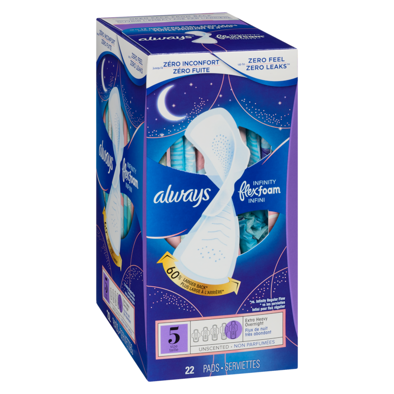 Infinity Feminine Pads for Women, Flexfoam Pads with Wings, Size 5, Extra Heavy Overnight Absorbency, Unscented, 22 CT