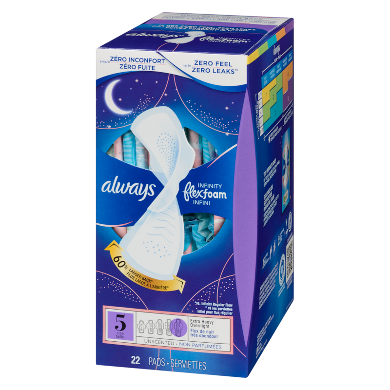 Infinity Feminine Pads for Women, Flexfoam Pads with Wings, Size 5, Extra Heavy Overnight Absorbency, Unscented, 22 CT