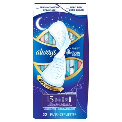 Always Serviettes Infini FlexFoam, nuit, flux très abondant, ailes, taille 5, sans parfum, 22 22 ea, 0,68 $/1ch