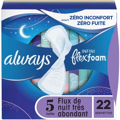 Always Serviettes féminines Infini pour femmes, serviettes avec ailes Flexfoam, taille 5, degré d’absorption de nuit, flux très abondant, non parfumées, 22 serviettes 22 ea, 0,41 $/1ch
