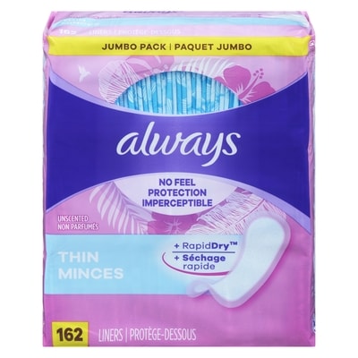 Always RapidDry Liners, Unscented Thin Jumbo Pack 162 ea, $0.07/1ea