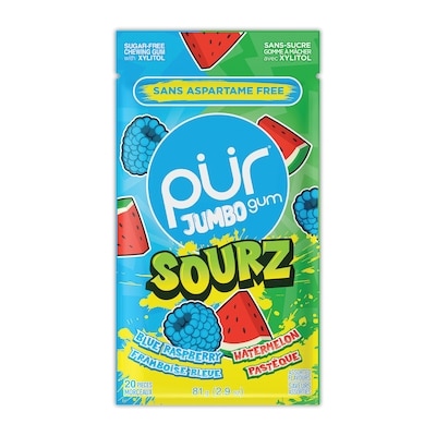 Pur Gum Gomme à Mâcher Jumbo SOURZ, Sans Aspartame au Goût Naturel Acidulée de Framboise Bleue et Pastèque  81 g, 6,53 $/100g
