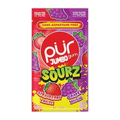 Pur Gum Gomme à Mâcher Jumbo SOURZ, Sans Aspartame au Goût Naturel Acidulée de Fraise et Raisin 81 g, 6,53 $/100g