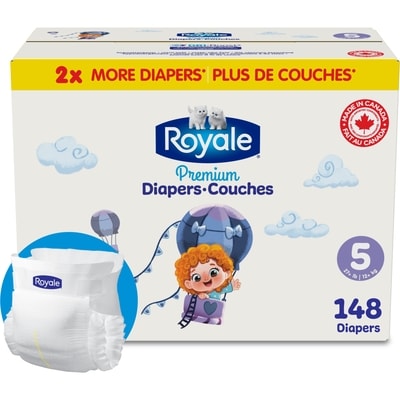 Royale Couches Premium, Taille 5 - 148 couches, Couches jetables pour bébé 148 ea, 0,34 $/1ch