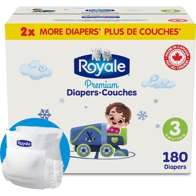 Royale Couches Premium, Taille 3 - 180 couches, Couches jetables pour bébé 180 ea, 0,28 $/1ch