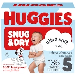 Huggies Couches pour bébé Snug & Dry, taille 5 (25-37 lb), contenant de 136 unités 136 ea, 0,26 $/1ch