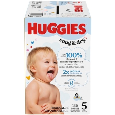Huggies Couches pour bébés Snug & Dry, taille 5, 136 couches 136 ea, 0,31 $/1ch