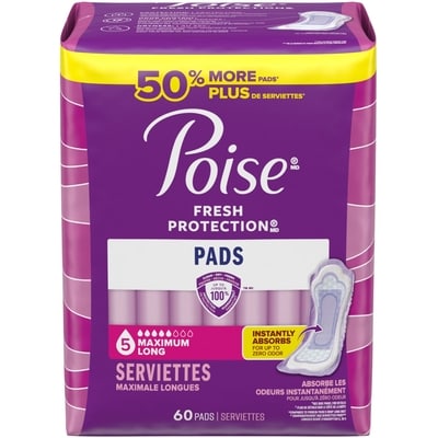 Poise Coussinets d’incontinence, absorption maximale, longs, 60 unités 60 ea, 0,60 $/1ch