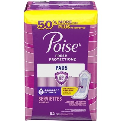 Poise Serviettes d’incontinence Absorption ultime, longueur régulière, 52 unités 52 ea, 0,71 $/1ch