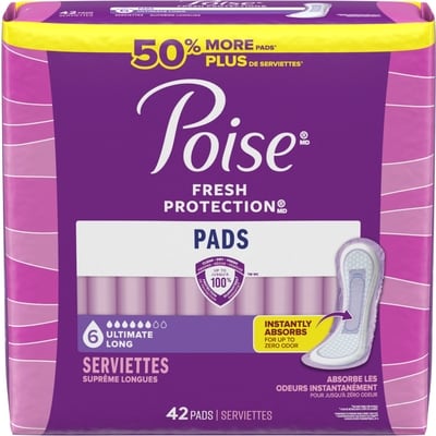 Poise Serviettes d’incontinence Absorption Ultime, Longue Longueur, 42 unités 42 ea, 0,86 $/1ch