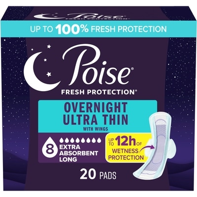 Poise Overnight Ultra Thin Incontinence  Pads w/ Wings, Extra Absorb, Long, 20 Ct 20 ea, $1.02/1ea