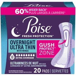 Poise Overnight Ultra Thin Incontinence & Postpartum Pads with Wings for Bladder Leaks, 8 Drop Extra Absorbent, Long Length, 20 Count 20 ea, $1.02/1ea