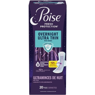 Poise Serviettes d’incontinence ultra minces de nuit avec ailes, absorption supplémentaire, longues, 20 unités 20 ea, 1,10 $/1ch