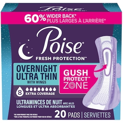 Poise Serviettes de nuit avec ailes ultraminces d’incontinence et d’incontinence en période post-partum pour fuites urinaires, degré d’absorption suprême à 8 gouttes, version longue, 20 unités 20 ea, 1,10 $/1ch