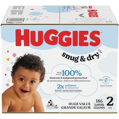 Huggies Couches pour bébés Snug & Dry, taille 2, 186 couches 186 ea, 0,22 $/1ch
