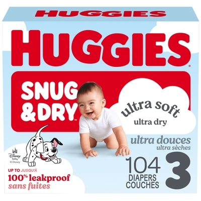 Huggies Couches pour bébé Snug & Dry, taille 3 (16-26 lb), contenant de 104 unités 104 ea, 0,33 $/1ch