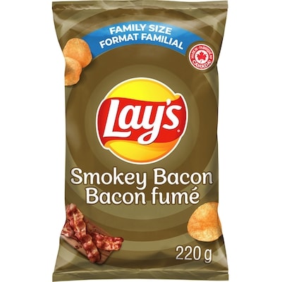 Lay's Smokey Bacon flavoured potato chips 220 g, $1.25/100g