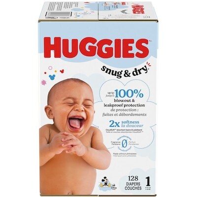Huggies Couches pour bébés Snug & Dry, taille 1, 128 couches 128 ea, 0,27 $/1ch