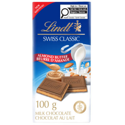 Lindt Tablette de chocolat au lait et au beurre d’amandes SWISS CLASSIC 100 g, 4,99 $/100g