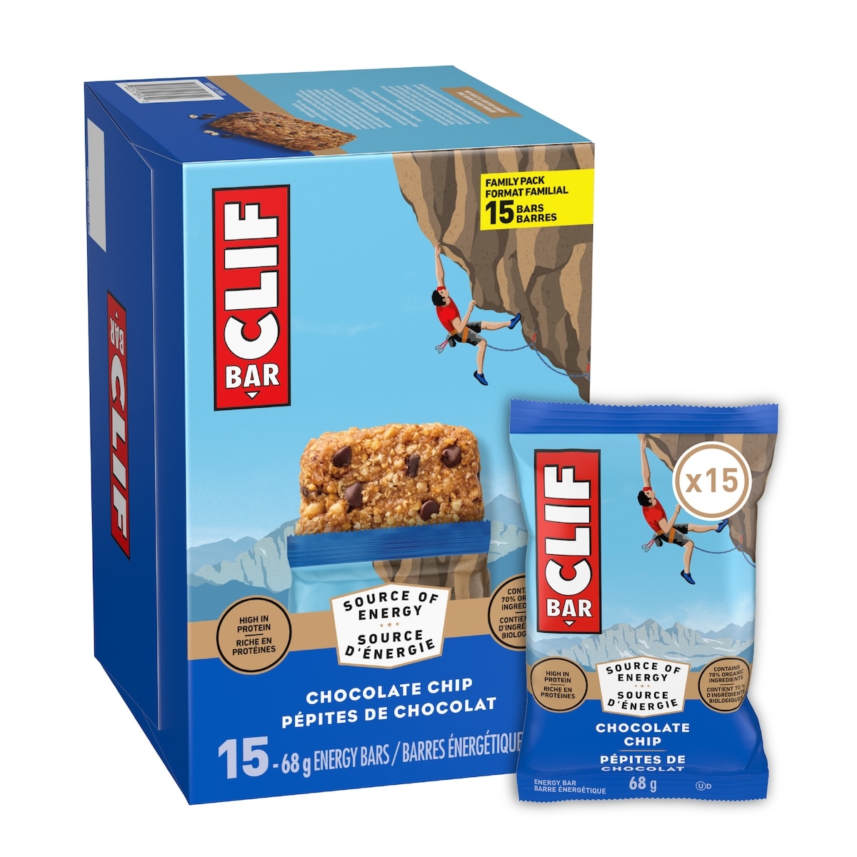 Clif Barres énergétiques BAR Pépites de chocolat 15x68.0 g, 3,14 $/100g