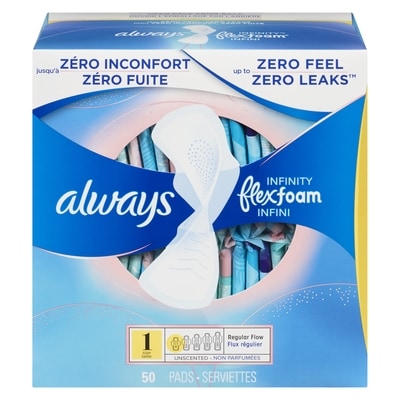 Always Sanitary Pads, Regular Flow, Unscented, 50 Count 50 ea, $0.36/1ea