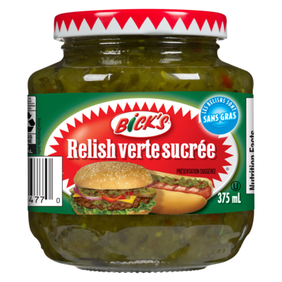 Bick’s Relish verte sucrée 375 ml, 0,80 $/100ml