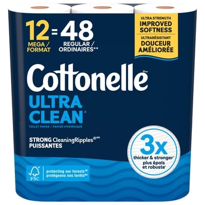 Cottonelle Ultra Clean Toilet Paper, Strong Toilet Tissue, 12 Mega Rolls (12 Mega Rolls = 48 Regular Rolls), 284 Sheets Per Roll 12 ea, $1.67/1ea