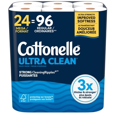 Cottonelle Ultra Clean Toilet Paper, Strong Toilet Tissue, 24 Mega Rolls (24 Mega Rolls = 96 Regular Rolls), 284 Sheets Per Roll 24 ea, $1.17/1ea