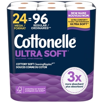 Cottonelle Ultra Soft Toilet Paper, Strong Toilet Tissue, 24 Mega Rolls (24 Mega Rolls = 96 Regular Rolls), 244 Sheets Per Roll 24 ea, $1.17/1ea