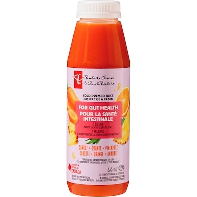 President's Choice Carrot + Orange + Pineapple Cold Pressed Juice with Probiotics for Gut Health 333 ml, $1.50/100ml