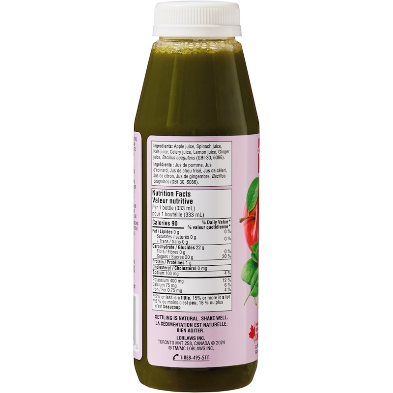 Spinach + Kale + Apple Cold Pressed Juice with Probiotics for Gut Health