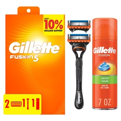 Gillette Rasoir Fusion5 pour hommes, manche, 1 manche de rasoir, 2 cartouches de rechange et 1 gel à raser Fusion Sensible 1 ea, 29,99 $/1ch
