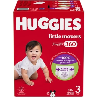 Huggies Couches pour bébés HuggFit 360° de Little Movers, taille 3, 136 unités 136 ea, 0,32 $/1ch