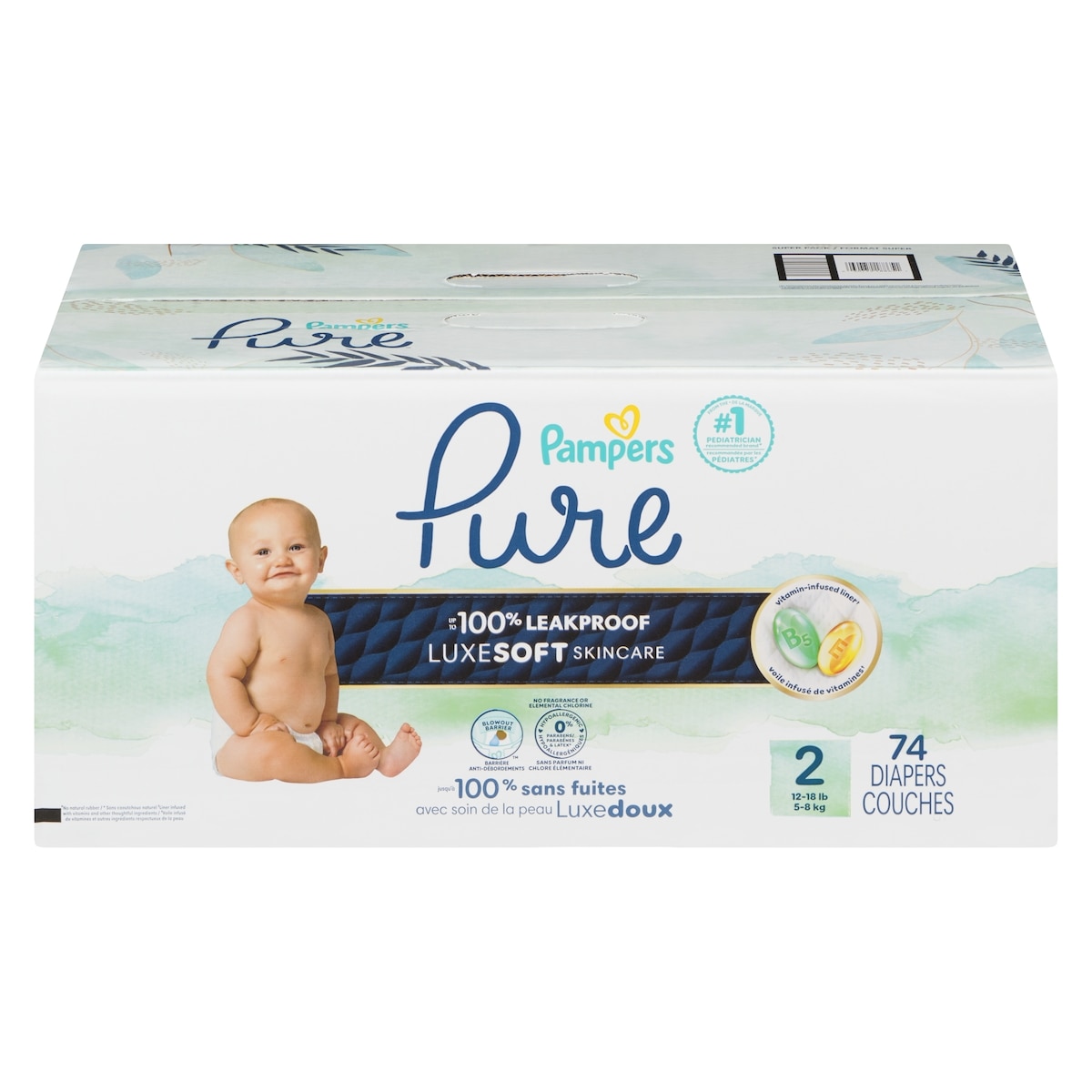 Pampers Pure Baby Diapers, Size 2 (12-18 lbs), 74, Up to 100% Leakproof, Premium Hypoallergenic Soft Diapers 74 ea, $0.49/1ea