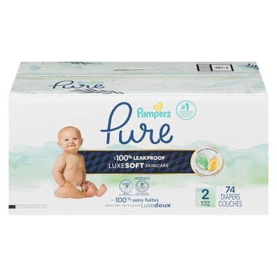 Pampers Pure Baby Diapers, Size 2 (12-18 lbs), 74, Up to 100% Leakproof, Premium Hypoallergenic Soft Diapers 74 ea, $0.41/1ea