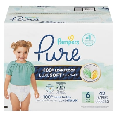 Pampers Pure Baby Diapers, Size 6 (35+ lbs), 42, Up to 100% Leakproof, Premium Hypoallergenic Soft Diapers 42 ea, $0.79/1ea