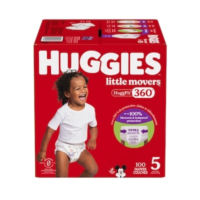 Huggies Couches pour bébés HuggFit 360° de Little Movers, taille 5, 100 unités 100 ea, 0,40 $/1ch