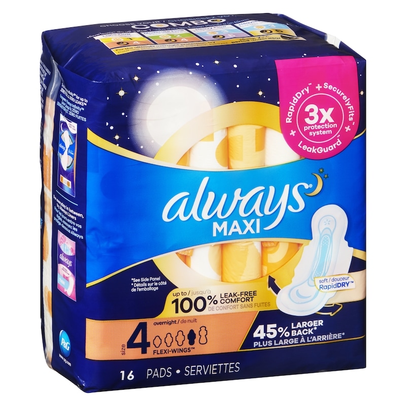Maxi Overnight Pads with Wings for Women, Size 4, Overnight Absorbency, Unscented, 16 Count