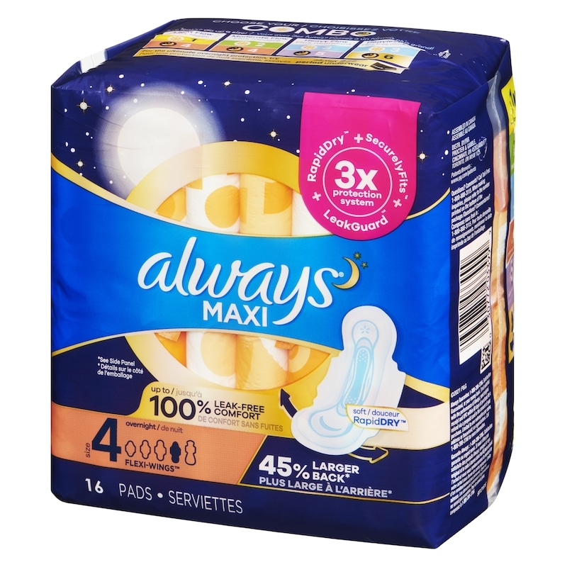 Maxi Overnight Pads with Wings for Women, Size 4, Overnight Absorbency, Unscented, 16 Count