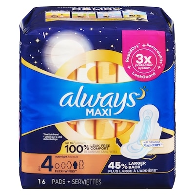 Always Serviettes Maxi de nuit, degré d’absorption de nuit, avec ailes, pour femmes, taille 4, non parfumées, 16 serviettes 16 ea, 0,44 $/1ch